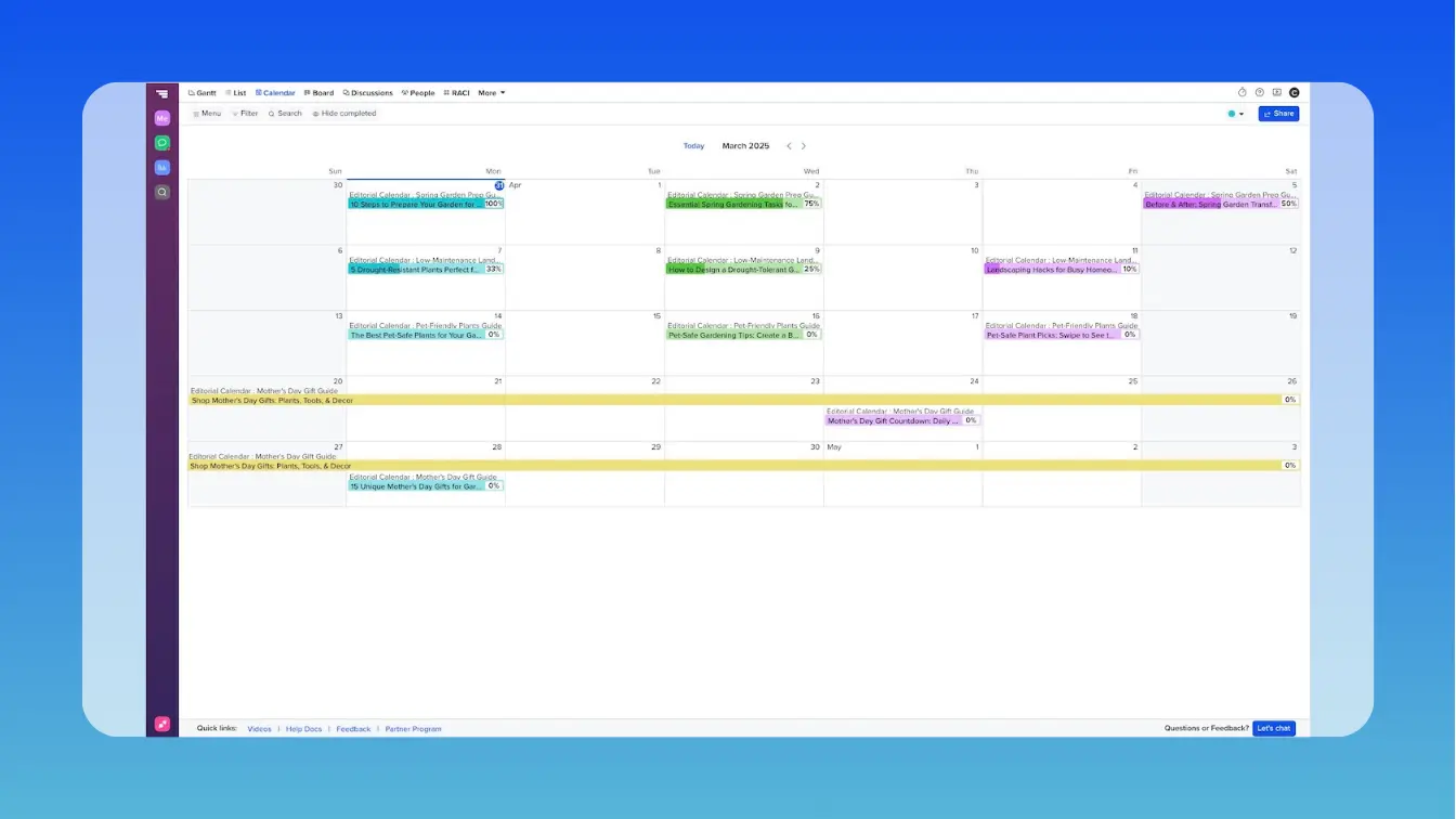 Example of a content marketing schedule in TeamGantt's calendar view with each content piece color-coded by marketing channel and scheduled for the date of publication.